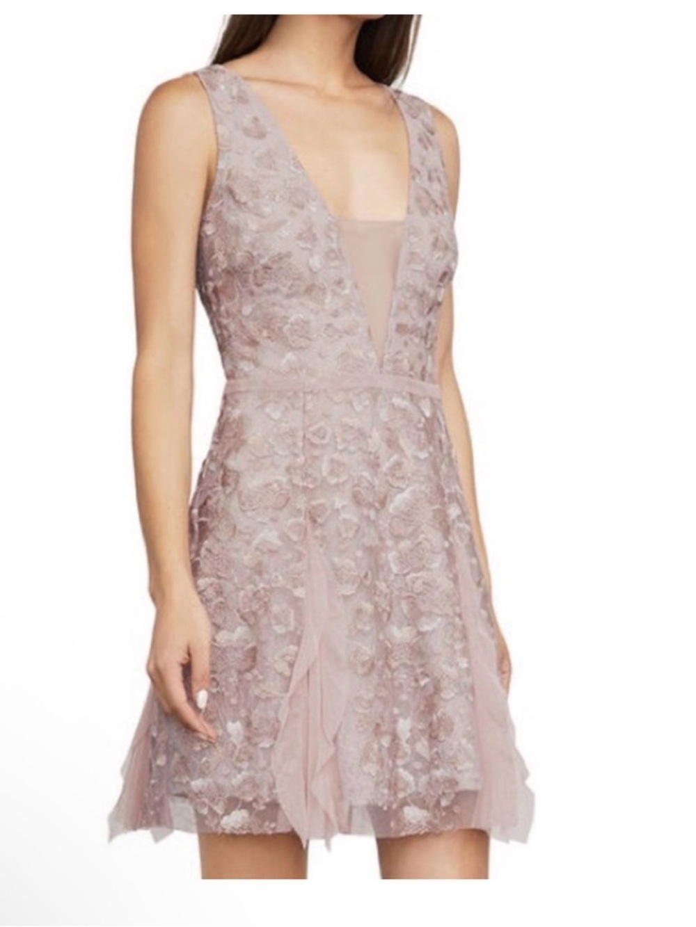 BCBGMaxAzria Dusty Blush Floral Lace V-Neck Mini Dress